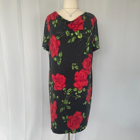 Vintage Midi Dress Plus Size 2XL 3XL Black Red Rose Floral Sparkle Romantic Y2K - Picture 2 of 15